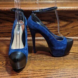H by Halston Size 6M Blue Suede Platform Stilletto High Heels Black Leather t…